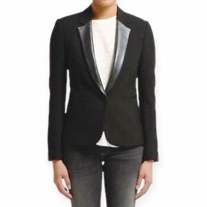 Maje Ritz Black Blazer with Lamb Leather Trim, Size 36FR